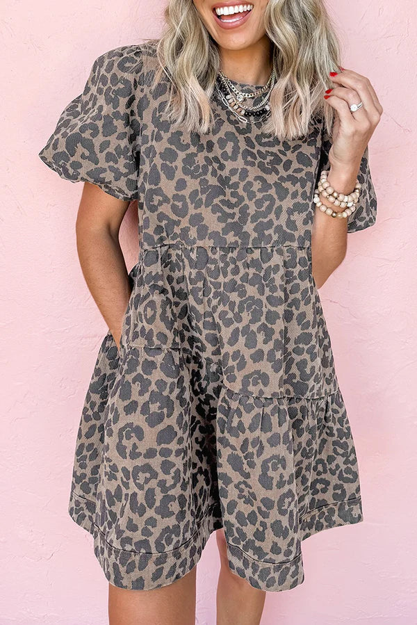Brown Leopard Denim Dress